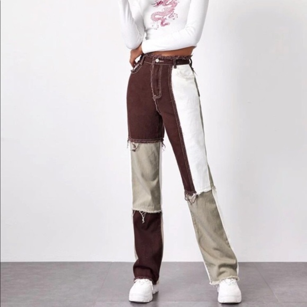 SHEIN color block patchwork high waisted jeans